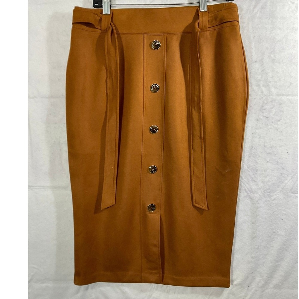 Marc New York Pencil Skirt Womens Med Brown Button Front Tie Waist Midi Office